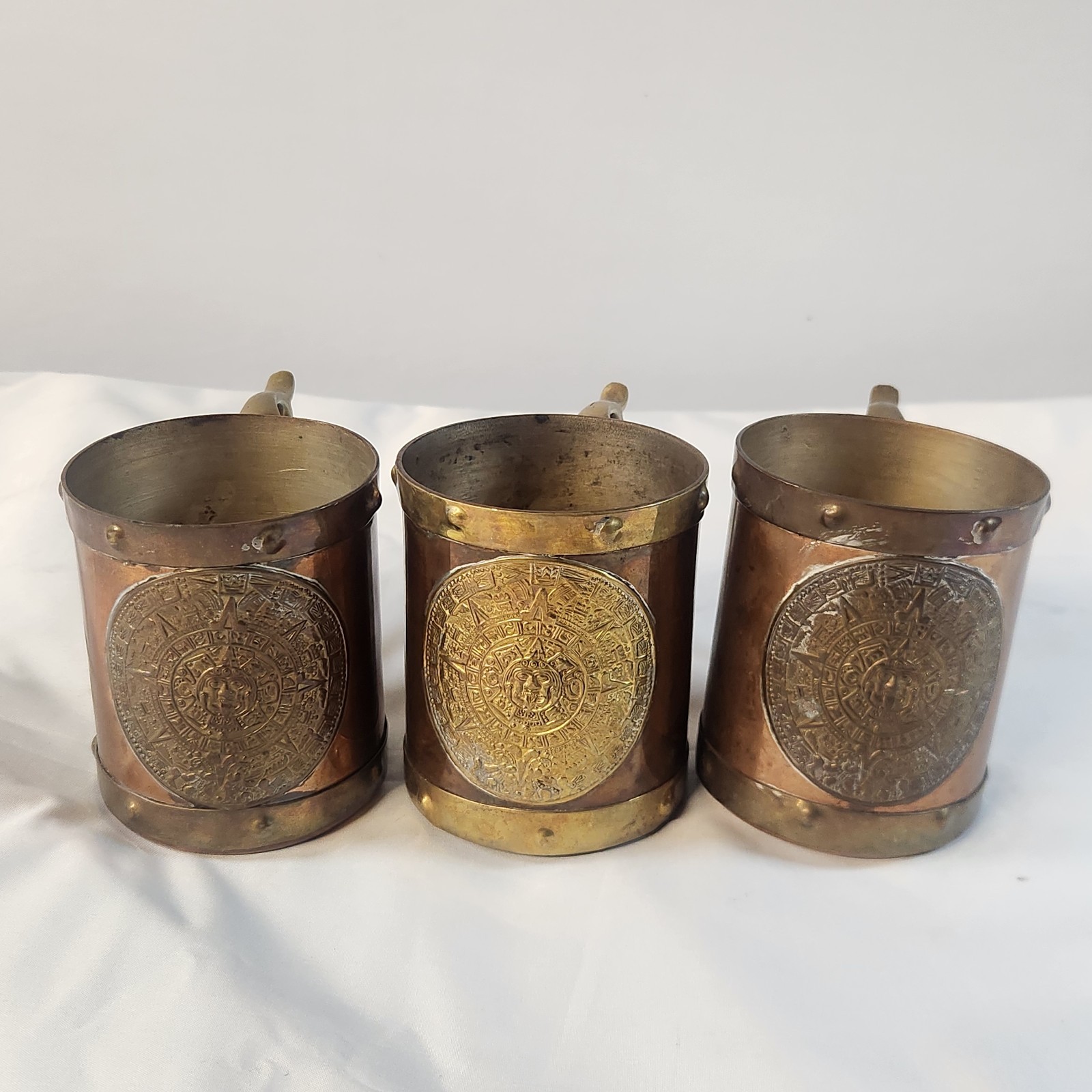  3 PC VINTAGE BRASS COPPER MUG WITH MAYAN CALENDAR AZTEC MEXICAN CUP HANDLE D57