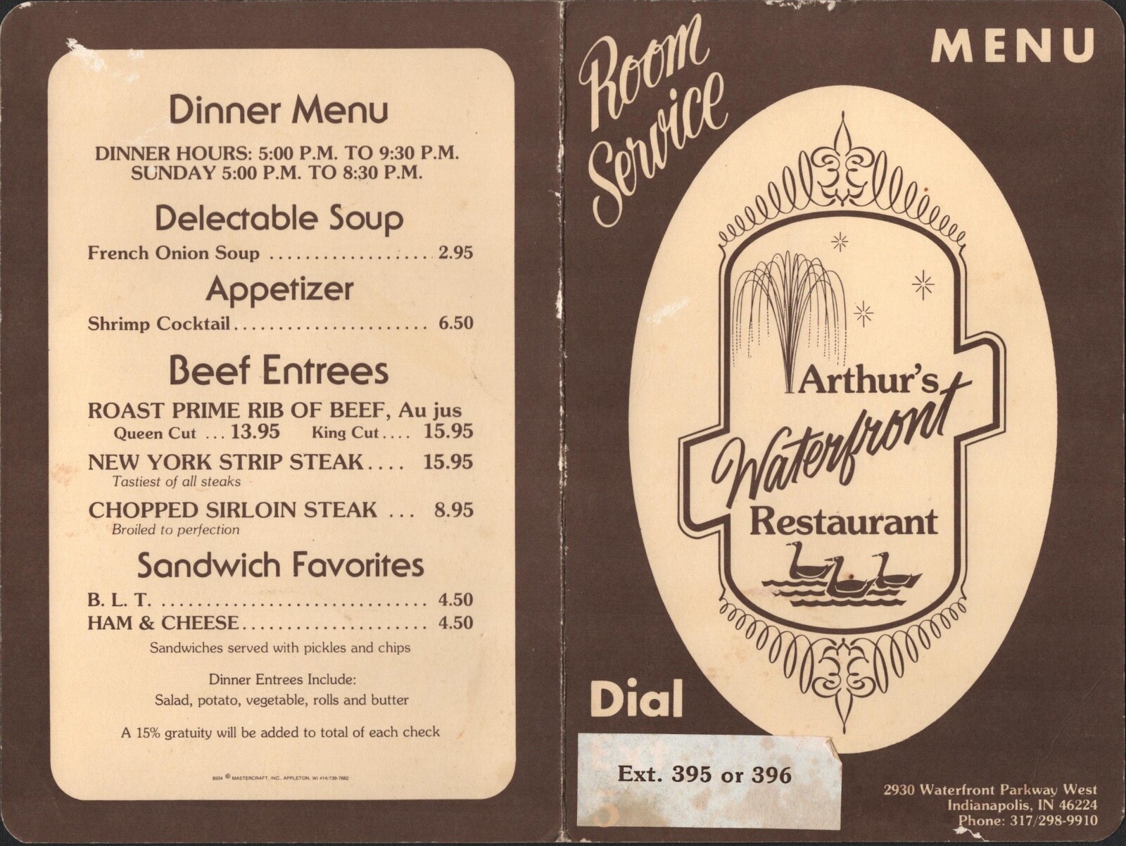 1980s ARTHUR\'S WATERFRONT RESTAURANT Midway Motor Lodge dining menu INDIANAPOLIS 1980s ARTHUR\'S WATERFRONT RESTAURANT Midway Motor Lodge dining menu INDIANAPOLIS