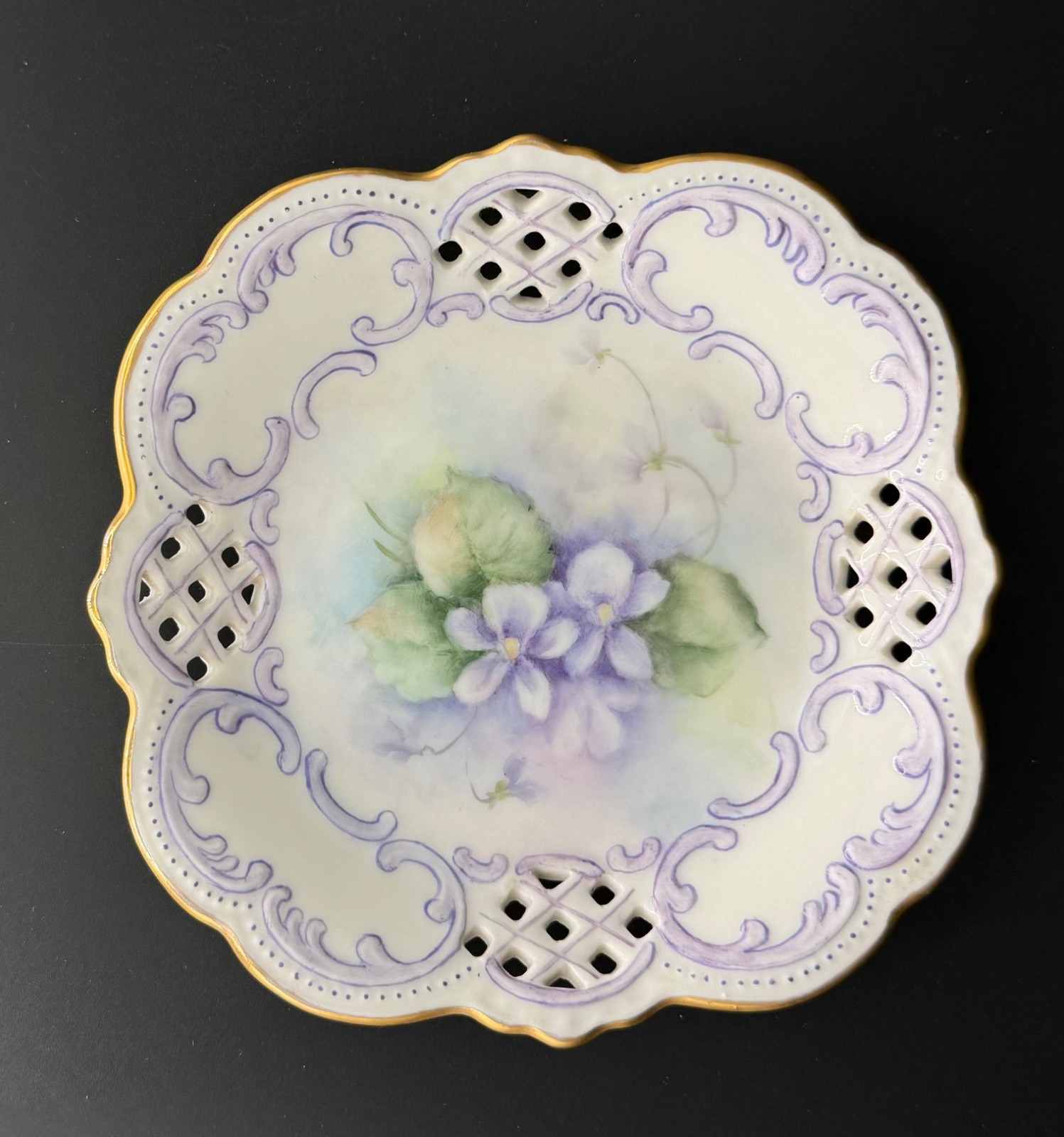 Small Vintage Hand-Painted & Signed Reticulated Porcelain Plate Small Vintage Hand-Painted & Signed Reticulated Porcelain Plate
