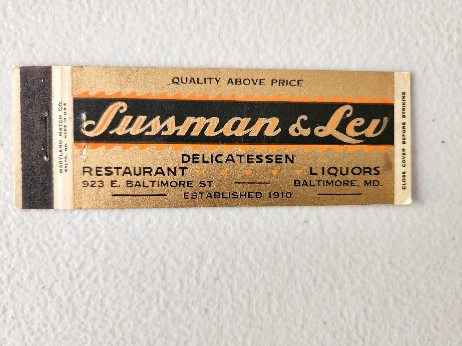 Sussman and Lev Deli Restaurant Baltimore Maryland Full Length Matchbook Cover. Sussman and Lev Deli Restaurant Baltimore Maryland Full Length Matchbook Cover.