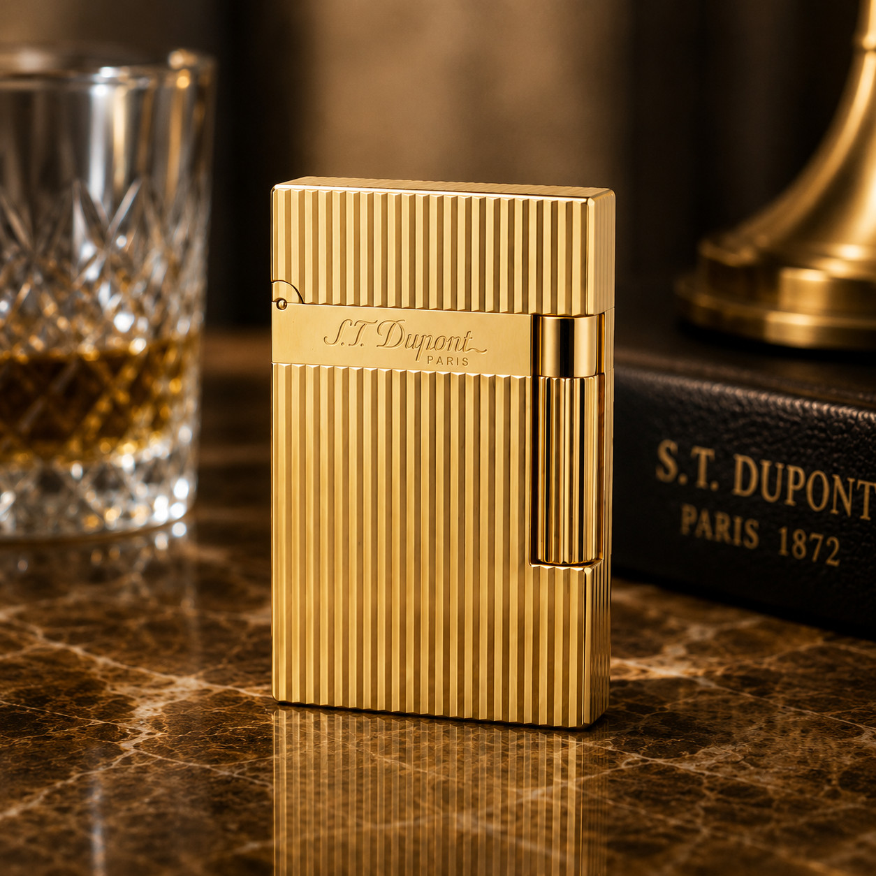 S.T. Dupont Ligne 2 Vertical Engraved Gold Lighter with Gift Box S.T. Dupont Ligne 2 Vertical Engraved Gold Lighter with Gift Box