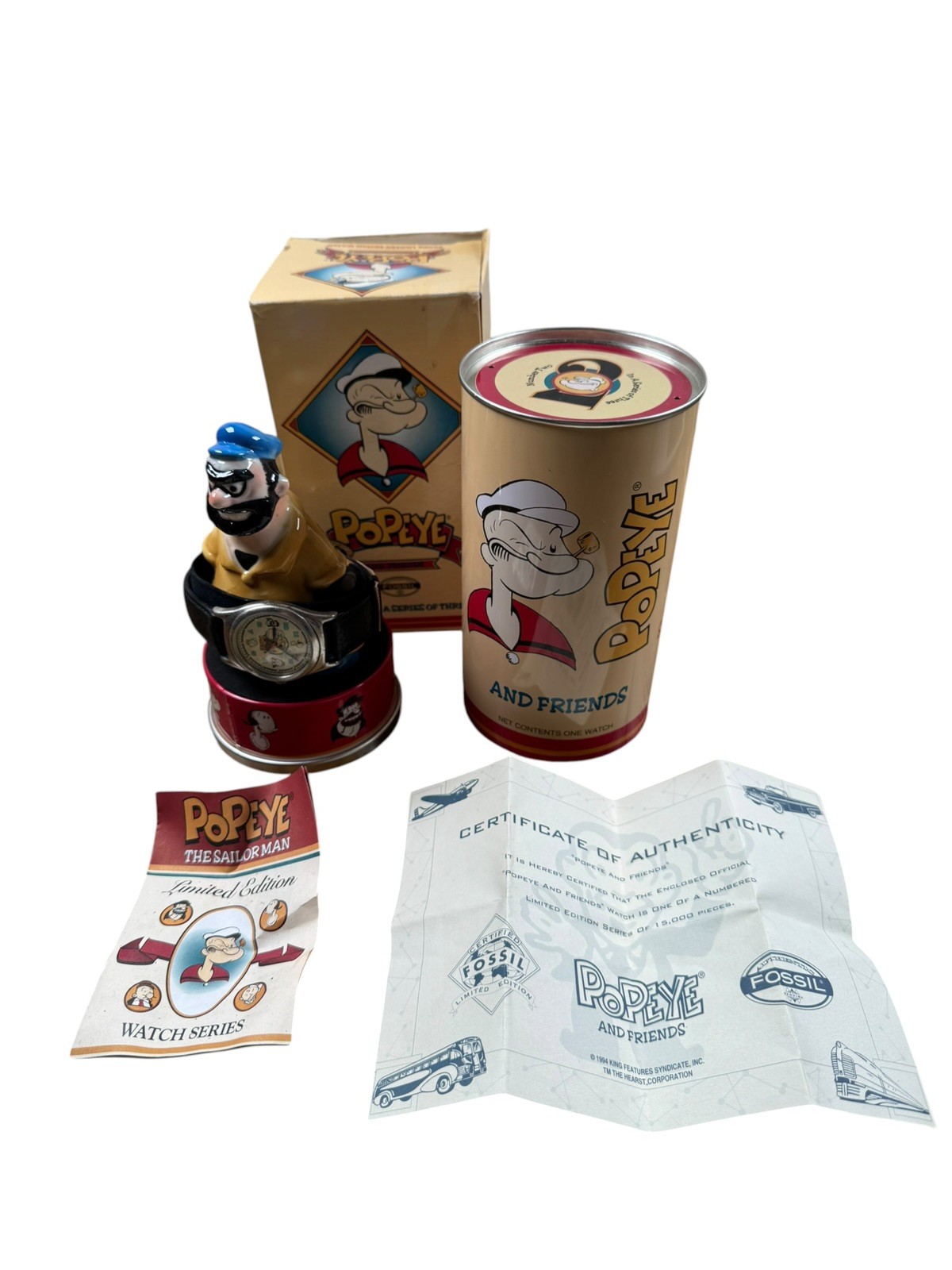 Vintage 1994 Fossil Popeye #2 Brutus Limited Edition Watch, Figurine and Caniste Vintage 1994 Fossil Popeye #2 Brutus Limited Edition Watch, Figurine and Caniste