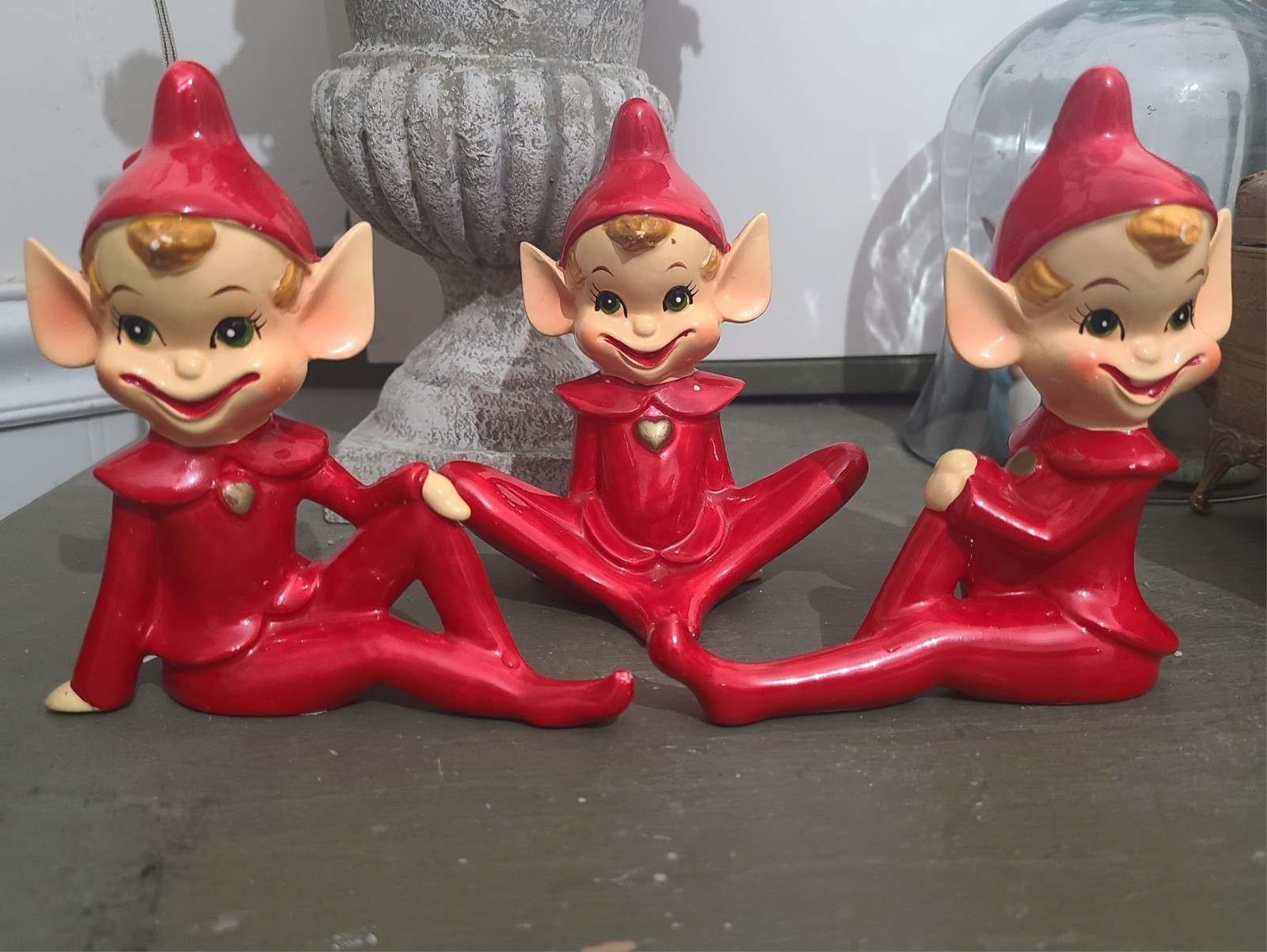 Vintage 1950's Ceramic Pixie Elf Figurine Set 3 Japan MCM Red Gold Heart Vintage 1950's Ceramic Pixie Elf Figurine Set 3 Japan MCM Red Gold Heart