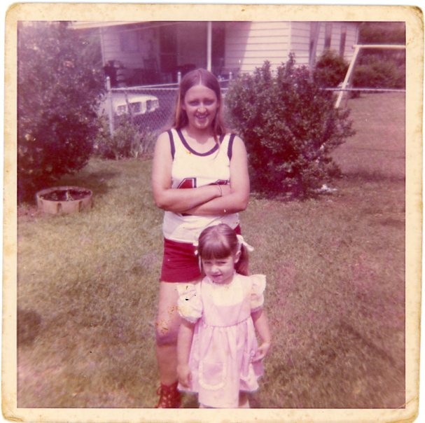 Vtg 1970s Found Photo Sisters Posing Back Yard Snapshot