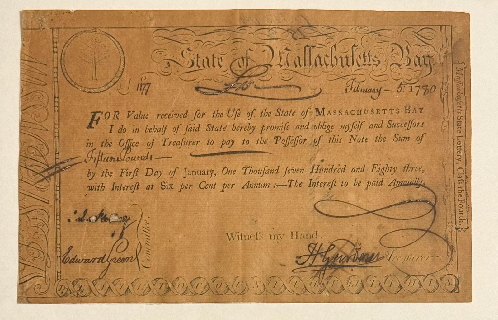 1780 Massachusetts Revolutionary War Lottery Treasury Certificate — Rattlesnake
