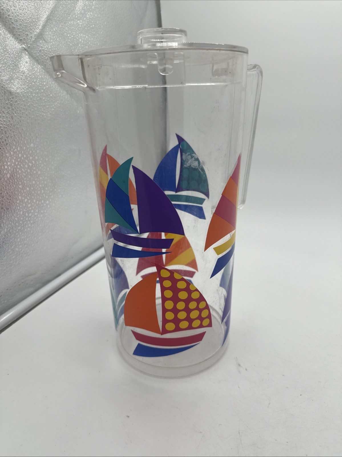 Vtg 90s Dayton Hudson Clear Acrylic Colourful Sailboat Pattern Pitcher Vtg 90s Dayton Hudson Clear Acrylic Colourful Sailboat Pattern Pitcher