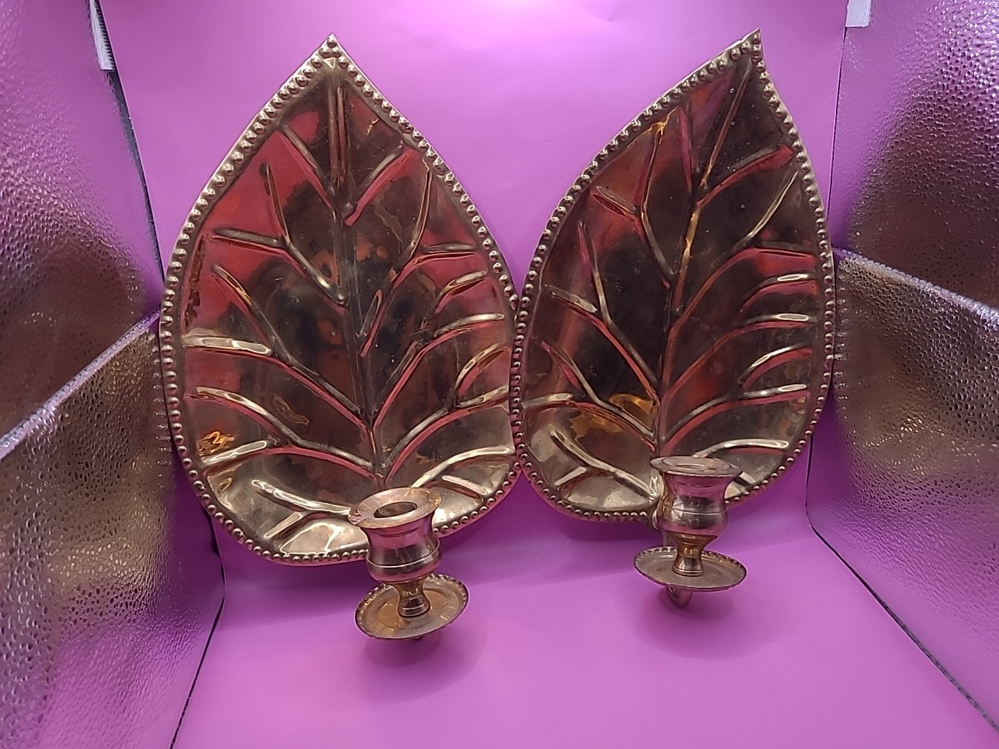 Vintage Brass Leaf Candle Stick Holder Wall Hanging Pair Vintage Brass Leaf Candle Stick Holder Wall Hanging Pair