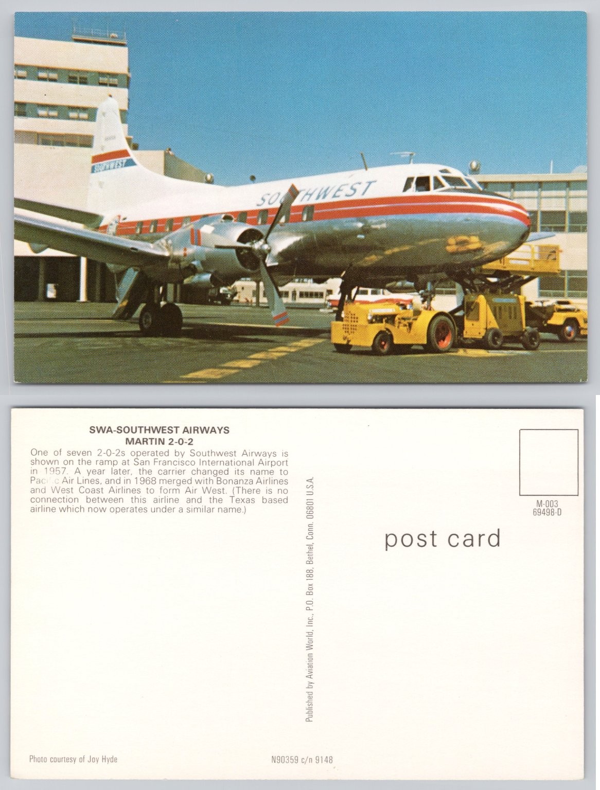 1957 Southwest Airways Martin 2-0-2 San Francisco Airport SFO Postcard