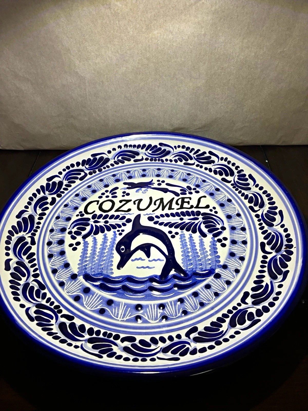 VTG Hand painted Puebla Real Mexican Cozumel Dolphin Blue & White Pottery Plate