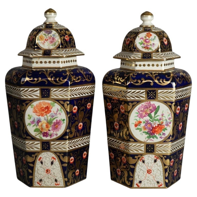 Pair of Antique Royal Crown Derby Porcelain Floral Decorated Lidded Urns c1890 Pair of Antique Royal Crown Derby Porcelain Floral Decorated Lidded Urns c1890