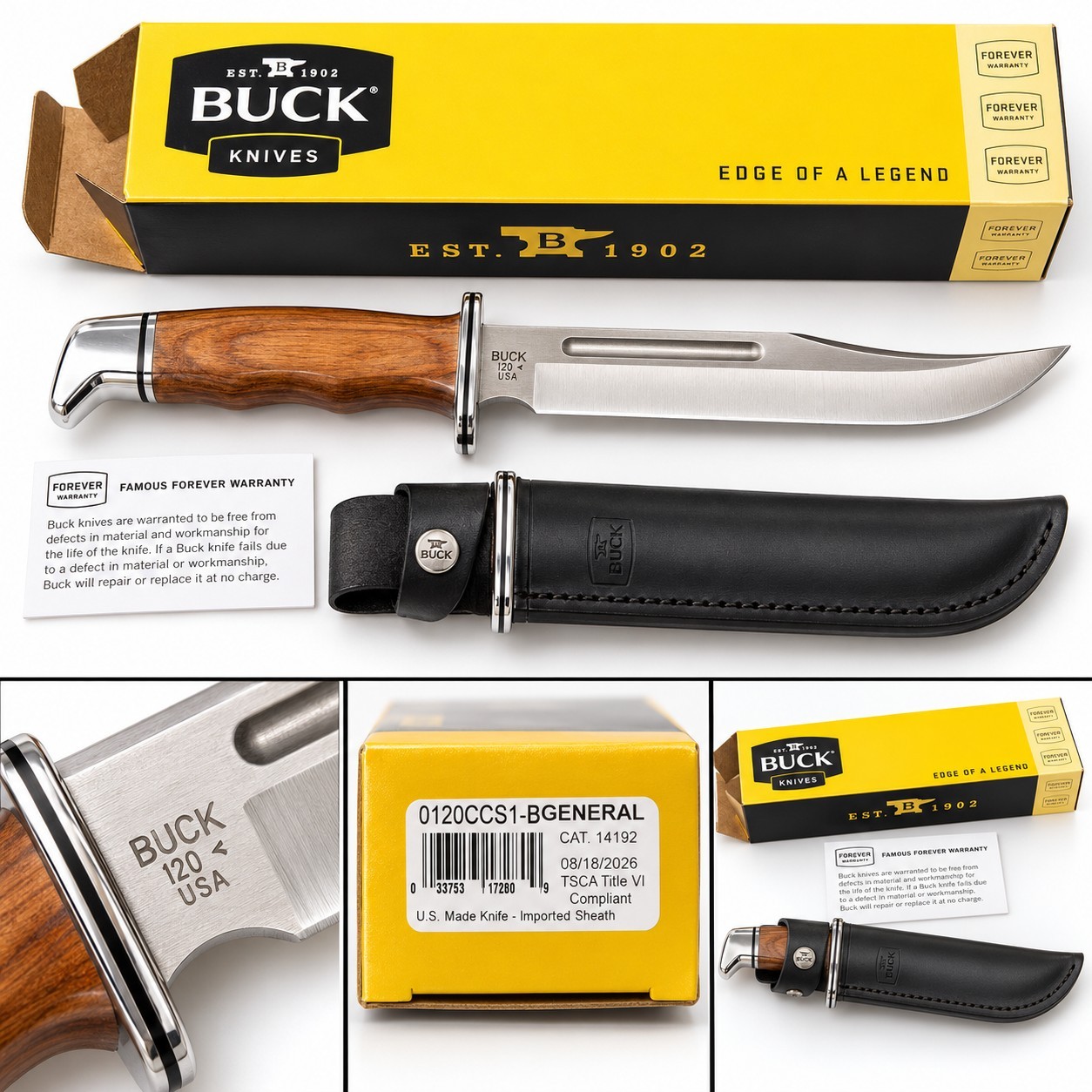 Buck 120 General 2026 Fixed Blade Hunting Knife USA Made Leather Sheath New