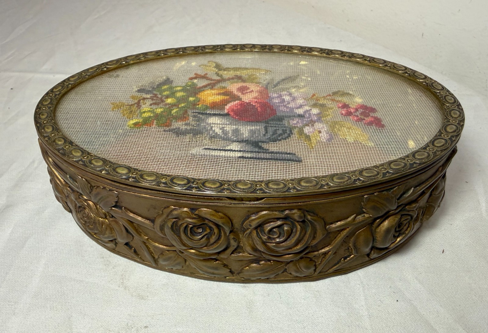 antique 1800's French handmade micro petit point bronze dresser jewelry box jar