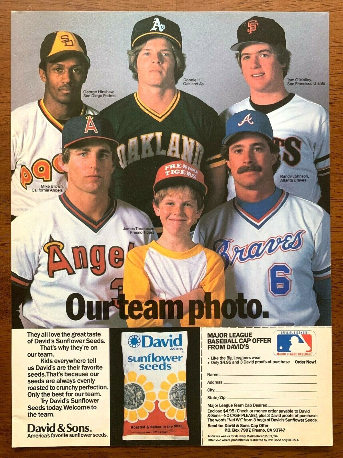 1984 David Sunflower Seeds Vintage Print Ad/Poster MLB Baseball Randy Johnson 