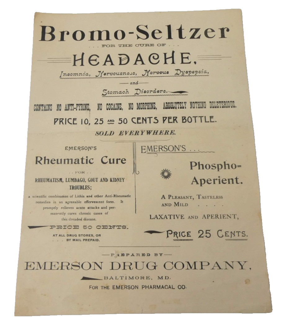 Antique Bromo-Seltzer Insomnia Nervousness Stomach Emerson Drug Co Advertising Antique Bromo-Seltzer Insomnia Nervousness Stomach Emerson Drug Co Advertising