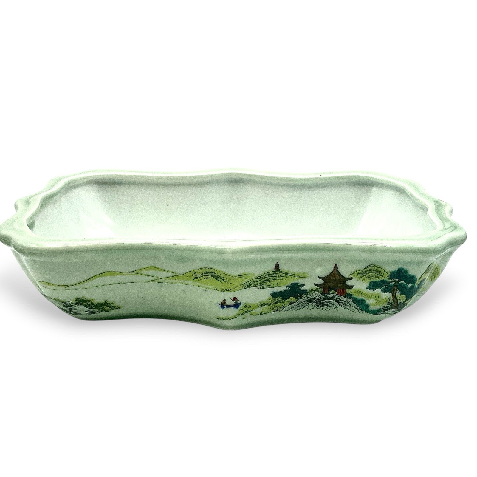 Vintage MCM Estate Chinese BONSAI Pot Butterfly Dish Celadon Landscape Poem EUC