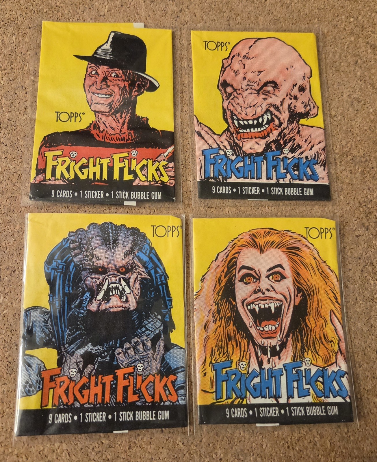 1988 Topps Fright Flicks Complete 4 Wax Wrapper Set Freddy Predator Horror EX 1988 Topps Fright Flicks Complete 4 Wax Wrapper Set Freddy Predator Horror EX