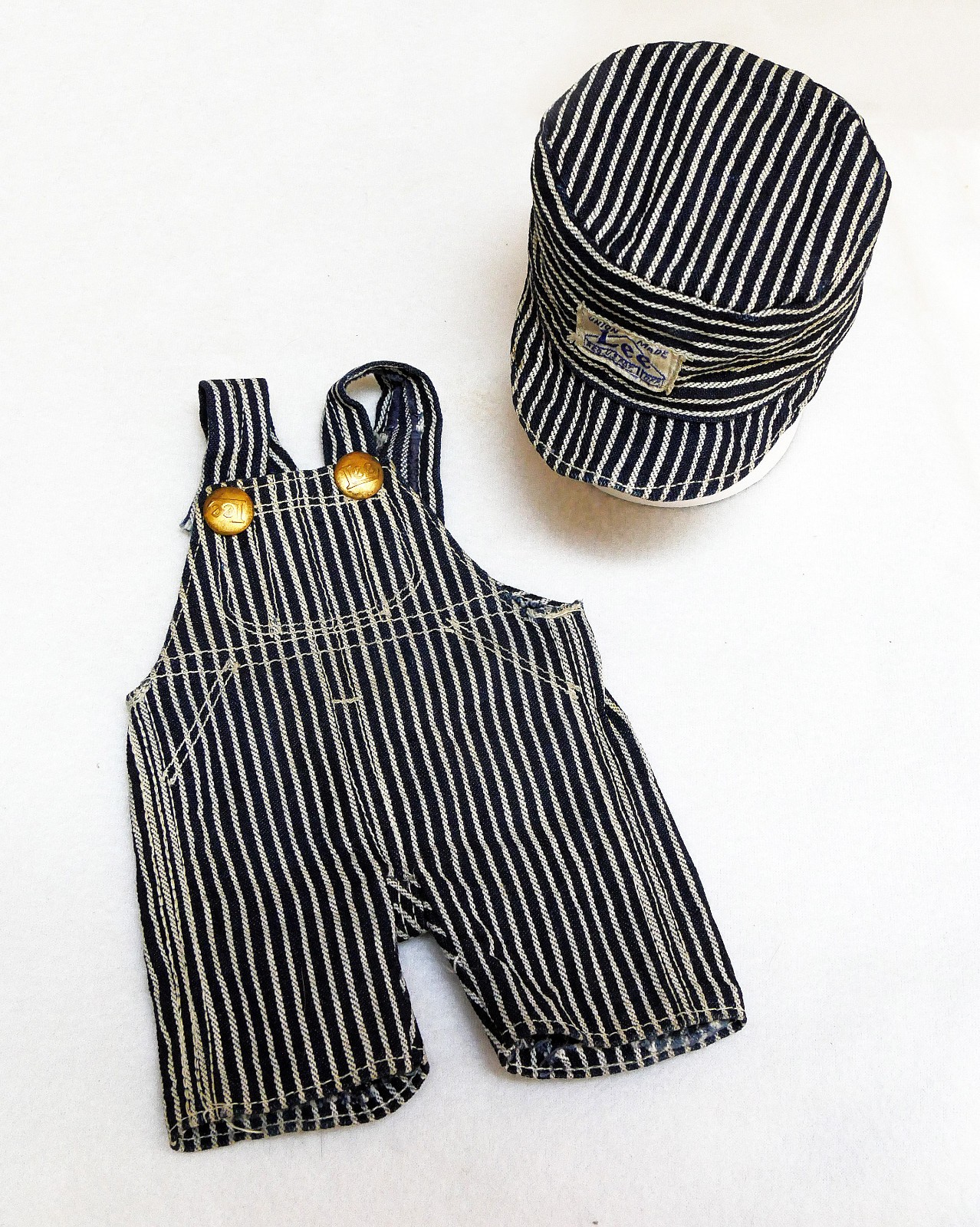 Vintage 1940s Buddy Lee Doll Hickory Stripe Railroad Overalls Hat Set 