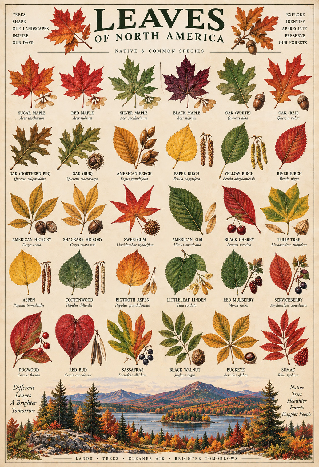 Leaves of North America Vintage Botanical Identification Chart Poster 13x19 Leaves of North America Vintage Botanical Identification Chart Poster 13x19