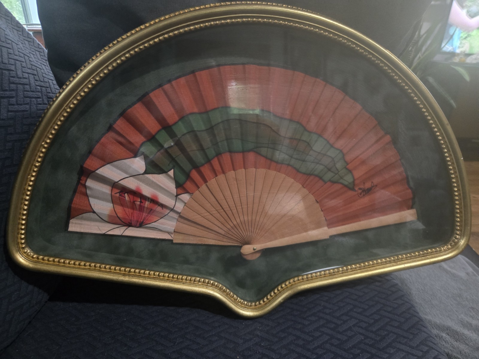Antique Ornate Hand Painted Fan Signed Framed in a Shadow Box Antique Ornate Hand Painted Fan Signed Framed in a Shadow Box