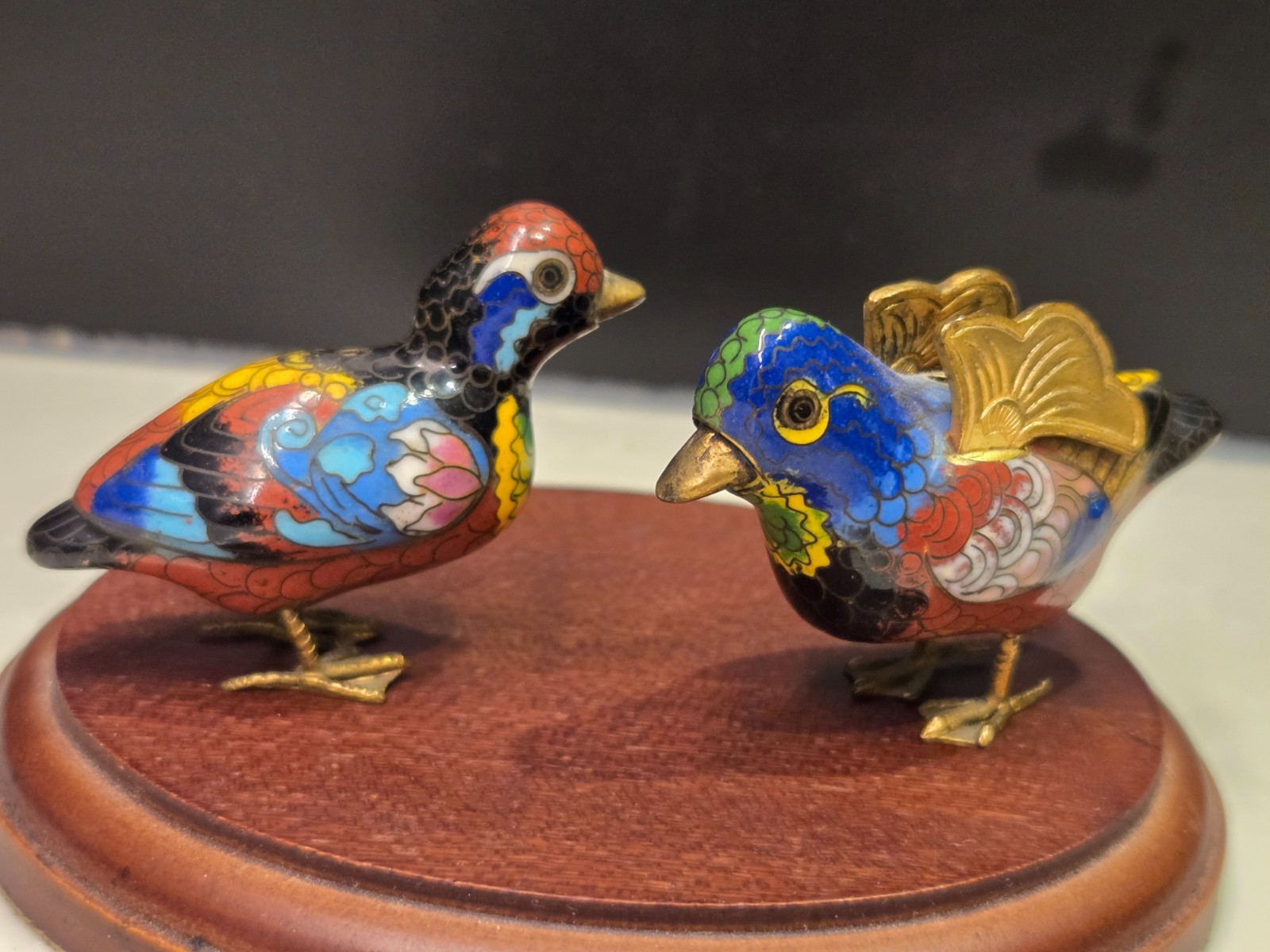 Vintage pair of Chinese cloisonne and brass enamel duck figurines