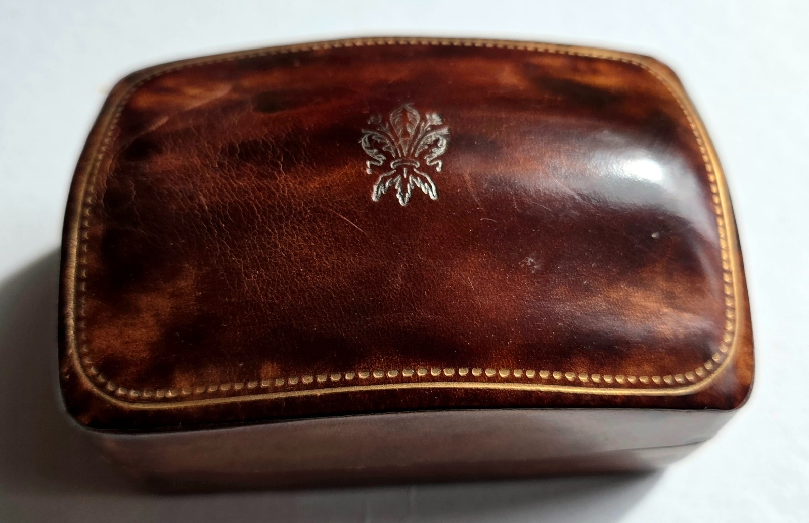 Vintage Florence Italy Humpback Leather Trinket Box Fleur de Lis
