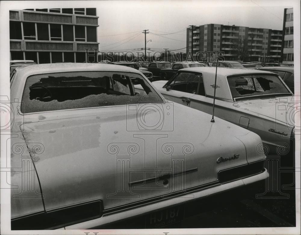 1966 Press Photo Damaged Cars at Westgate Towers Parking Lot, rocky River, Ohio