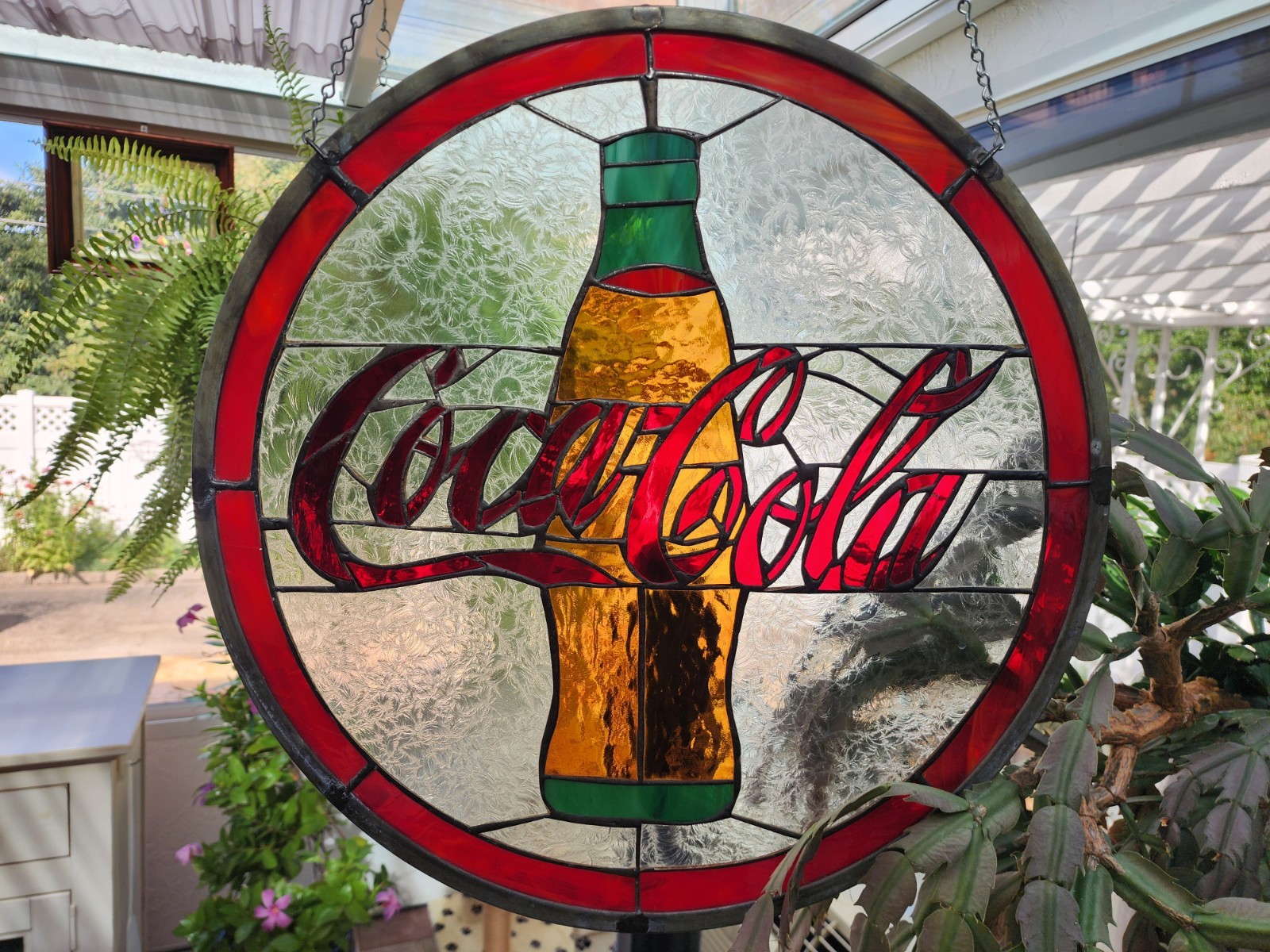 Vintage Coca-Cola Stained Glass Window Suncatcher Round Medallion Style 20 Inch Vintage Coca-Cola Stained Glass Window Suncatcher Round Medallion Style 20 Inch