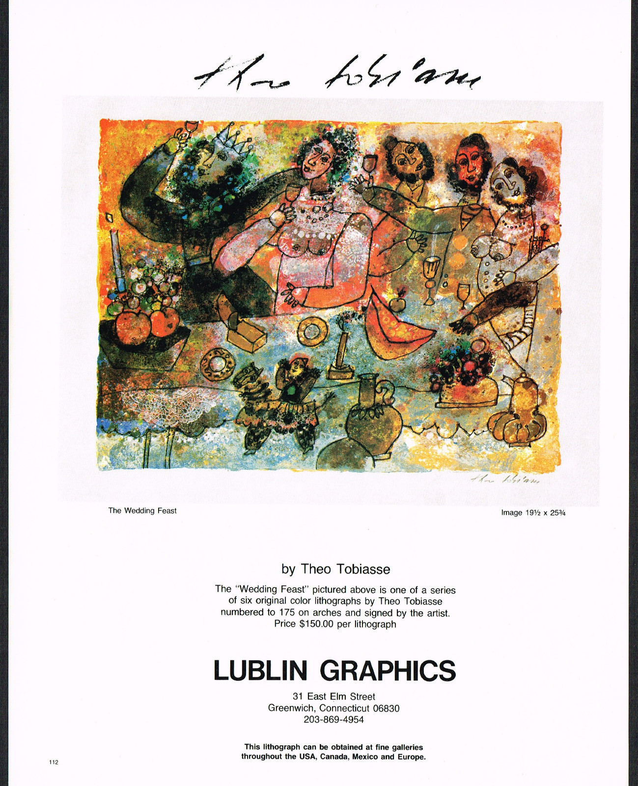1970s Original Vintage Theo Tobiasse Wedding Feast Art Lublin Graphics Print Ad 1970s Original Vintage Theo Tobiasse Wedding Feast Art Lublin Graphics Print Ad