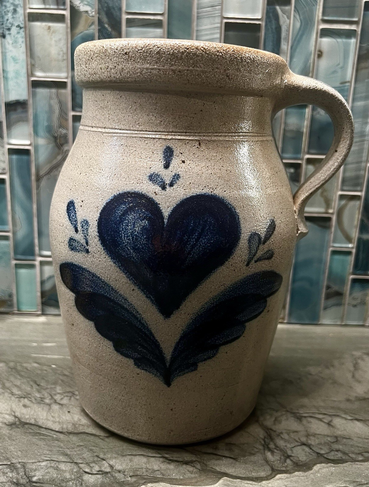 Vintage 1987 Rowe Pottery Works 9” Salt Glazed Stoneware Cobalt Crock w Handle