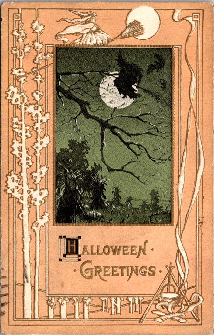 Antique Halloween Postcard Witch Broomstick Full Moon TRC T Rose Co c1910s Antique Halloween Postcard Witch Broomstick Full Moon TRC T Rose Co c1910s