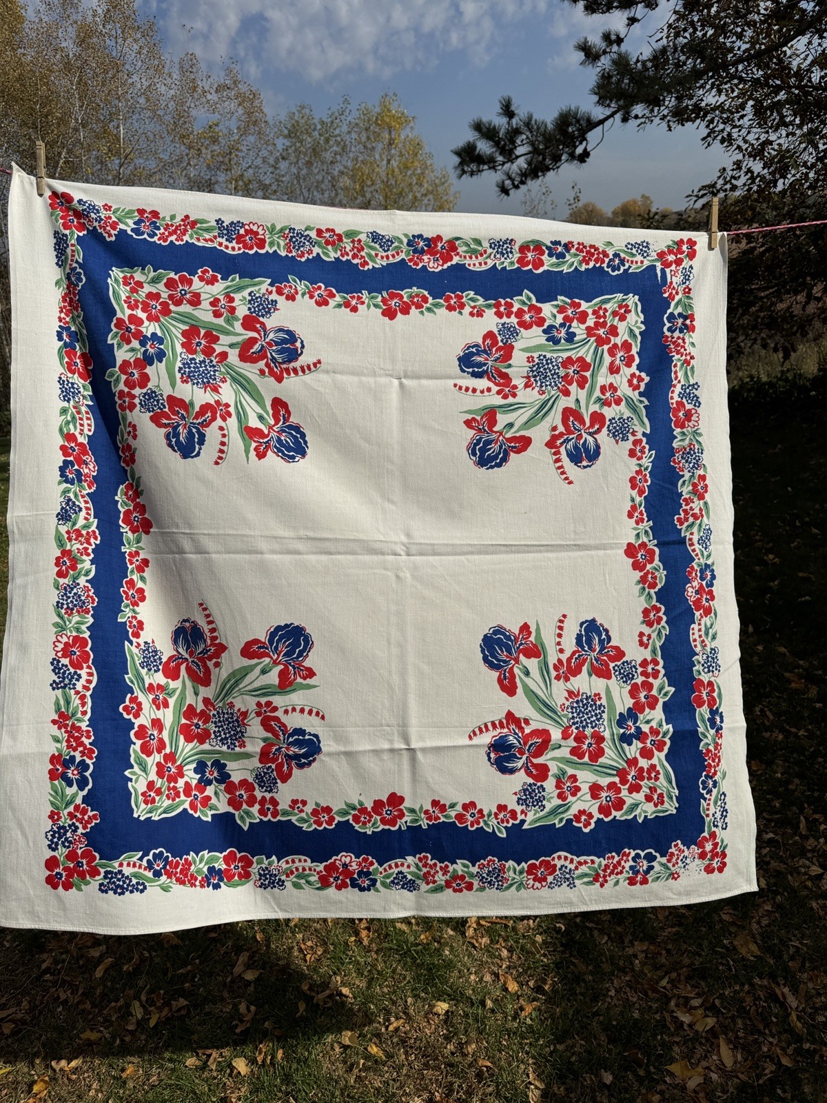 Vintage 1940S 50S Tablecloth White Blue Red Green Iris Floral approx. 46.5x48.5 Vintage 1940S 50S Tablecloth White Blue Red Green Iris Floral approx. 46.5x48.5