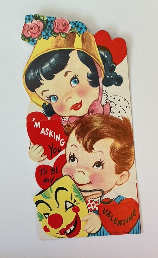 Vintage Halloween School Valentine Girl ‘M ASKING Boy with Clown Mask 1950s USA Vintage Halloween School Valentine Girl ‘M ASKING Boy with Clown Mask 1950s USA
