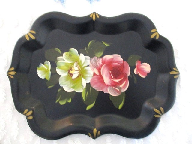 Vintage Hand Painted White & Pink Floral Tole Vanity Jewelry Perfume Pin Tray Vintage Hand Painted White & Pink Floral Tole Vanity Jewelry Perfume Pin Tray