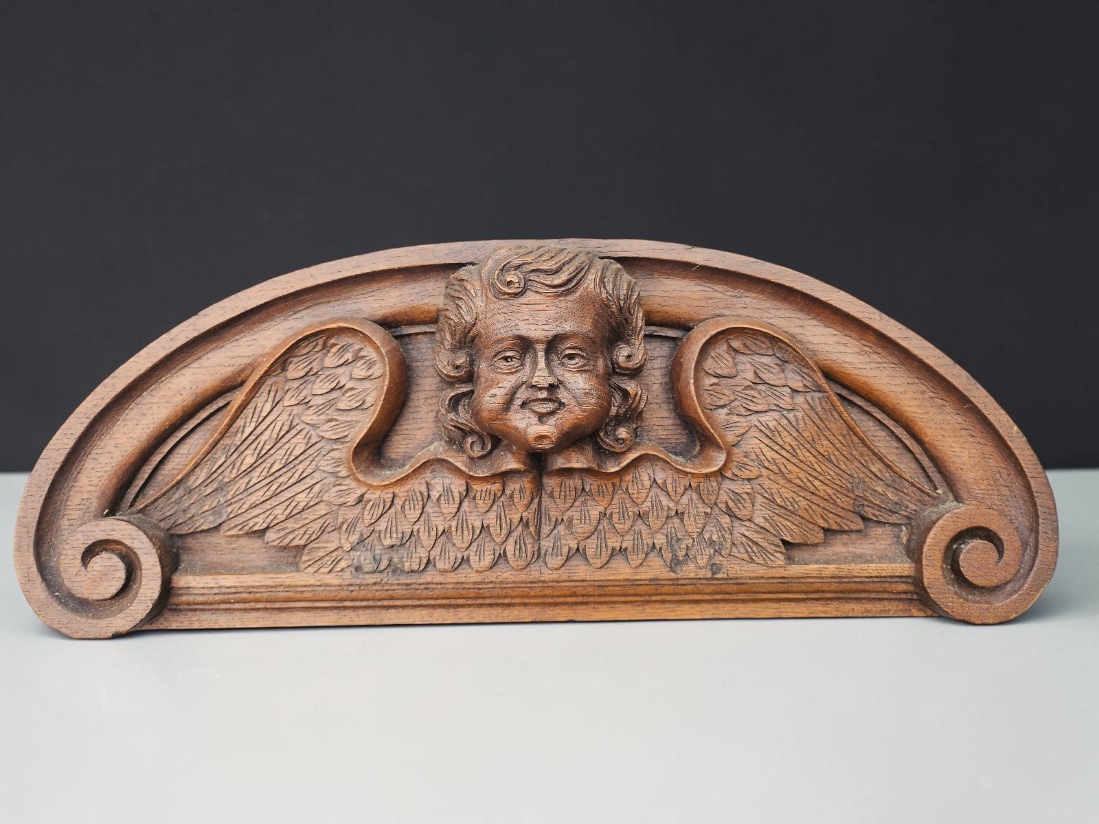 Antique oak wood carved angel head wall plaque Antique oak wood carved angel head wall plaque