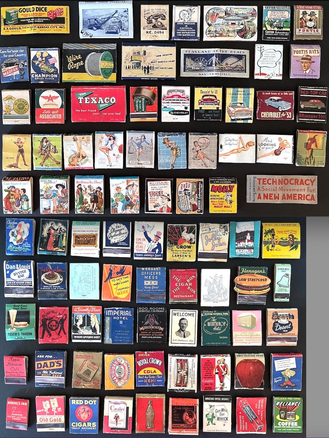 86 vintage Matchbook covers: 1940's/50's pinup hillbilly Technocracy Chevy - lot 86 vintage Matchbook covers: 1940's/50's pinup hillbilly Technocracy Chevy - lot