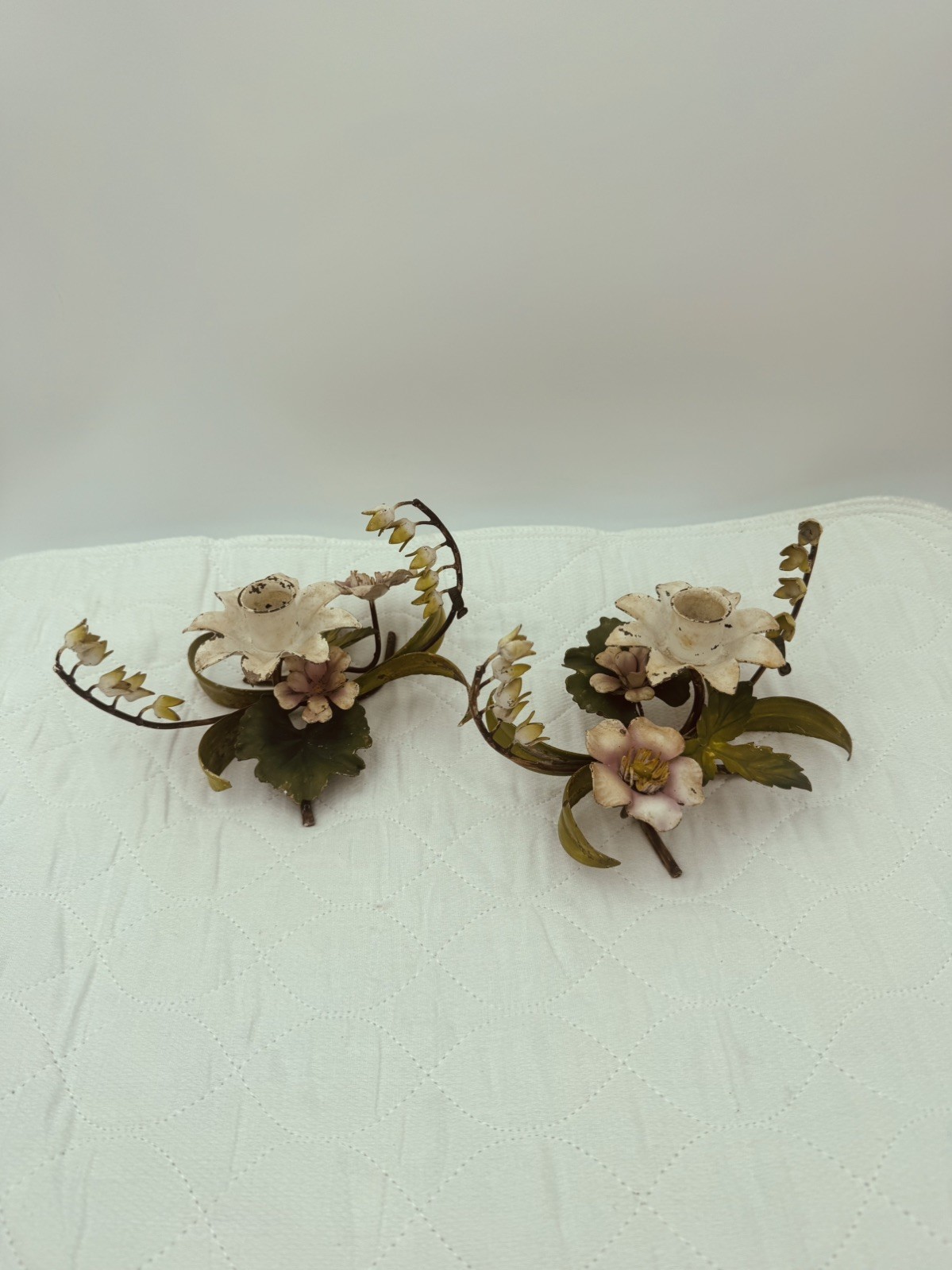 Vintage Italian Tole Painted Metal Floral Candelabra Candle Holders- Pair Vintage Italian Tole Painted Metal Floral Candelabra Candle Holders- Pair