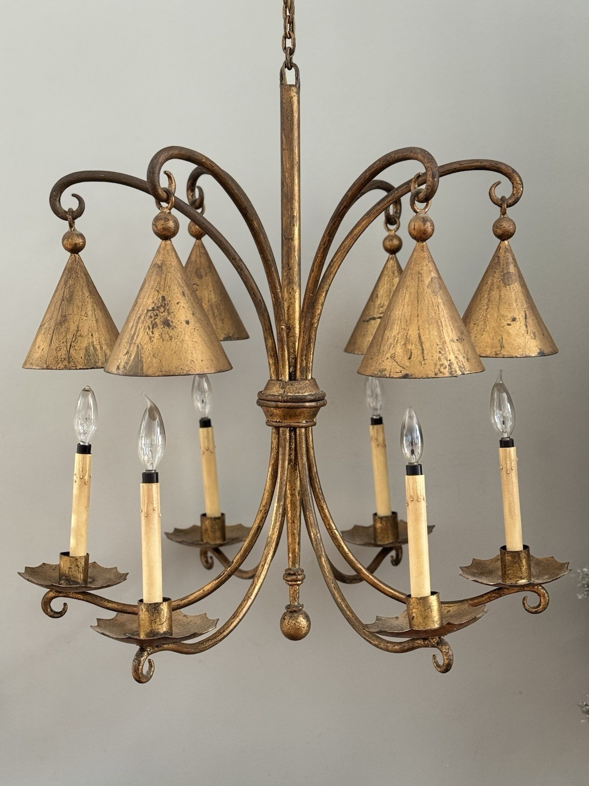 MASSIVE Gilt Wrought Iron French Tudor Bouillotte Chandelier Spanish Revival 29’