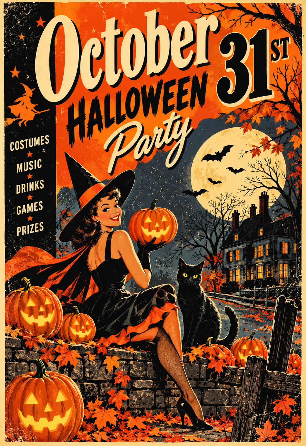 October 31st Halloween Party Vintage 1950s Witch Black Cat Art Poster 13x19 October 31st Halloween Party Vintage 1950s Witch Black Cat Art Poster 13x19