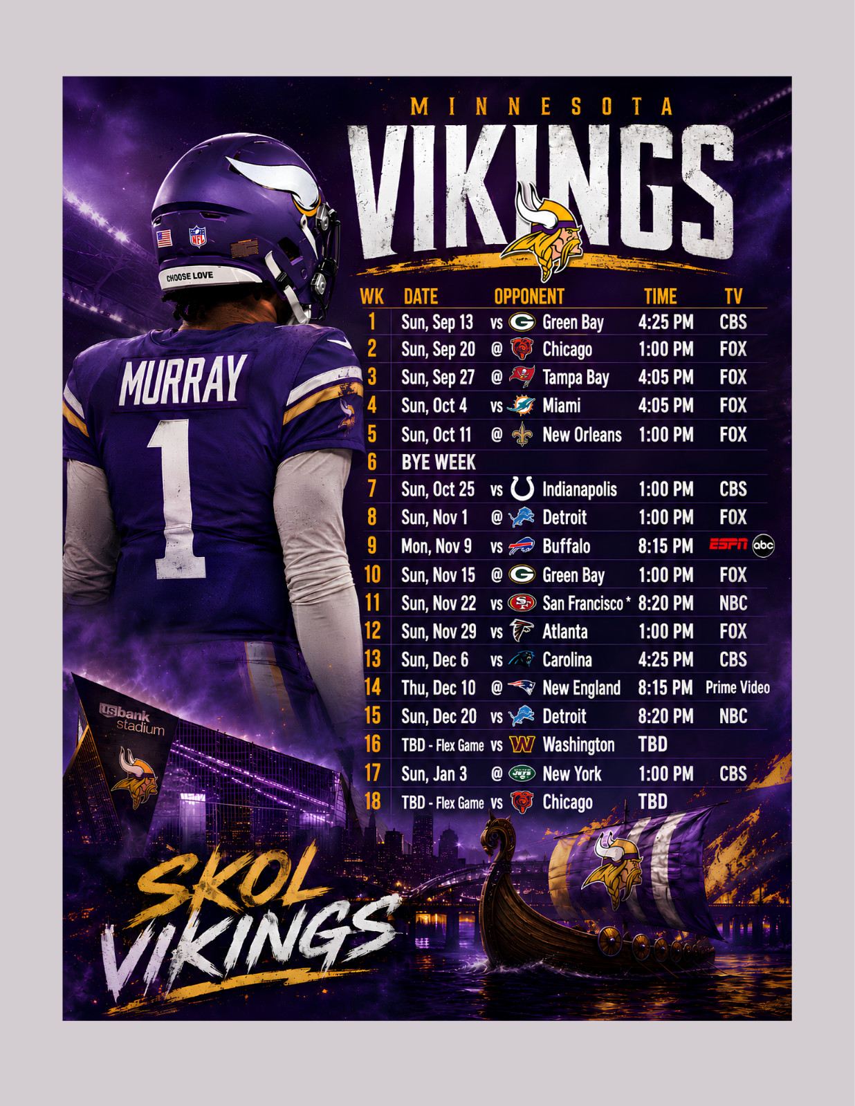 Minnesota Vikings Schedule 2026-27 Season Magnet (5 x 7 inches) High Def Minnesota Vikings Schedule 2026-27 Season Magnet (5 x 7 inches) High Def