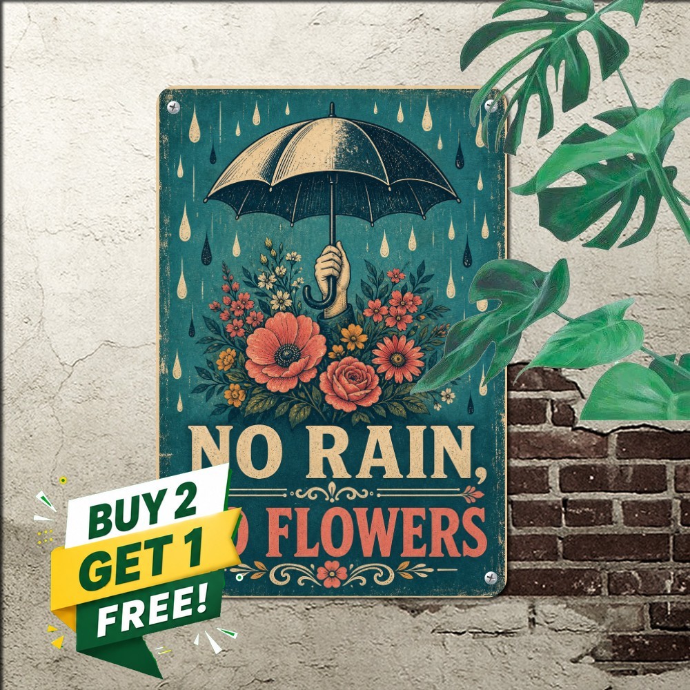 Spring Rain Floral Umbrella Sign Vintage Botanical Blossom Metal Tin Plaque