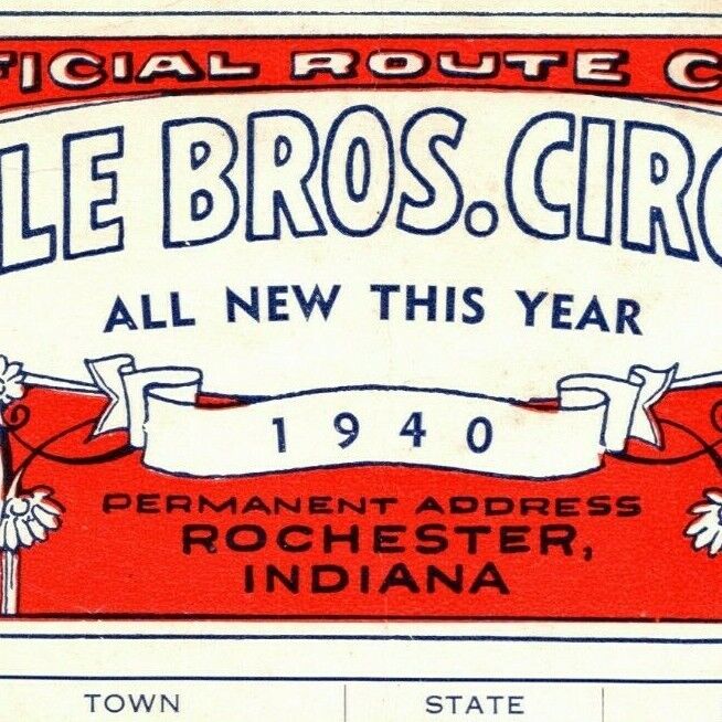 Scarce 1940 Cole Bros Circus Route Card Indiana Ohio WV Penn 