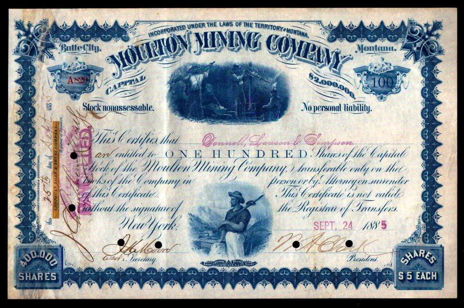 1885 William A Clark - The Copper King - U S Senator - signed Moulton Mining Co