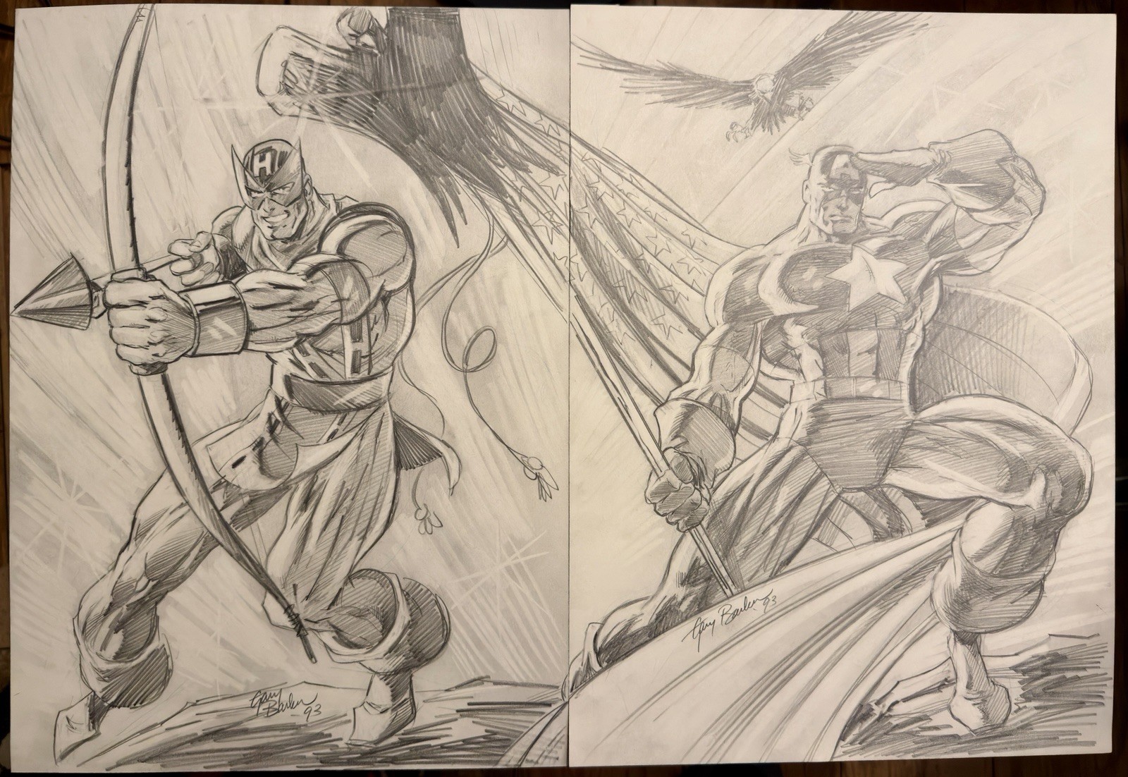 Gary Barker Original Art 1993 Captain America & Hawkeye Double Page Splash Gary Barker Original Art 1993 Captain America & Hawkeye Double Page Splash