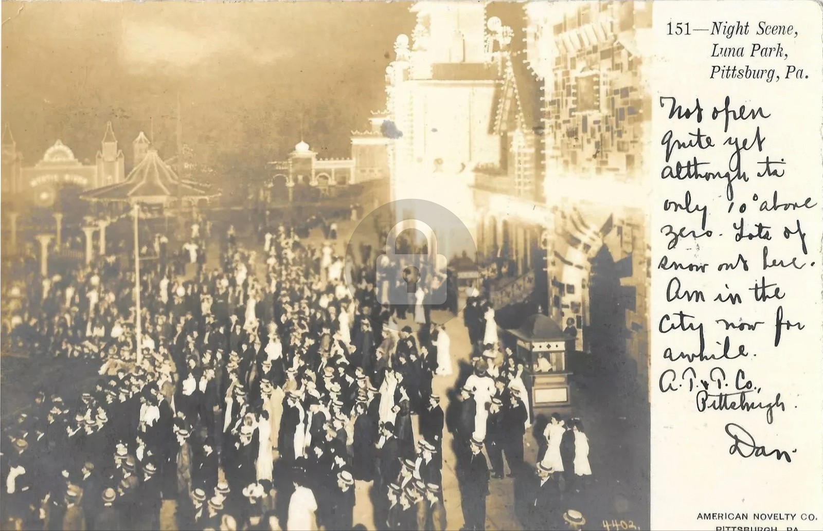 Pittsburgh PA Night Scene Crowd Luna Amusement Park 1906 RPPC  Postcard COPY