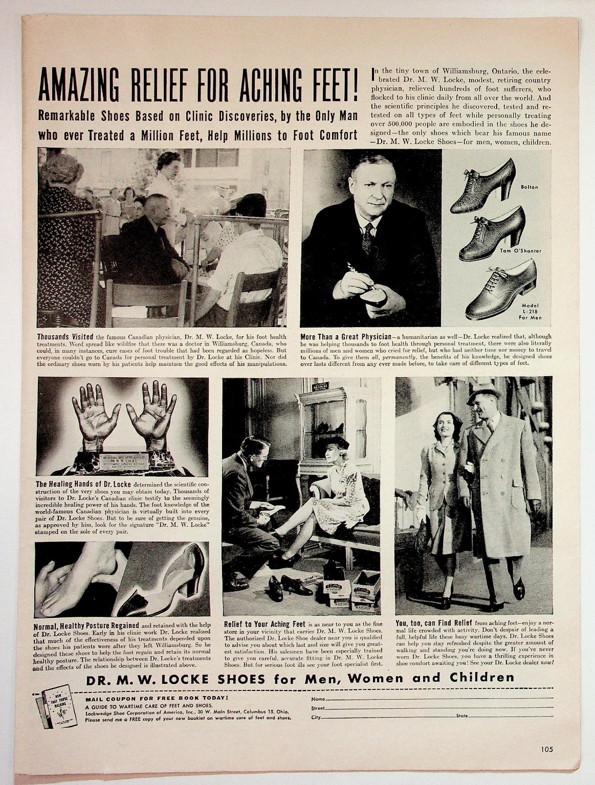 Dr. M. W. Locke Shoes Vintage Magazine Ad 1940s Foot Health Black White Dr. M. W. Locke Shoes Vintage Magazine Ad 1940s Foot Health Black White
