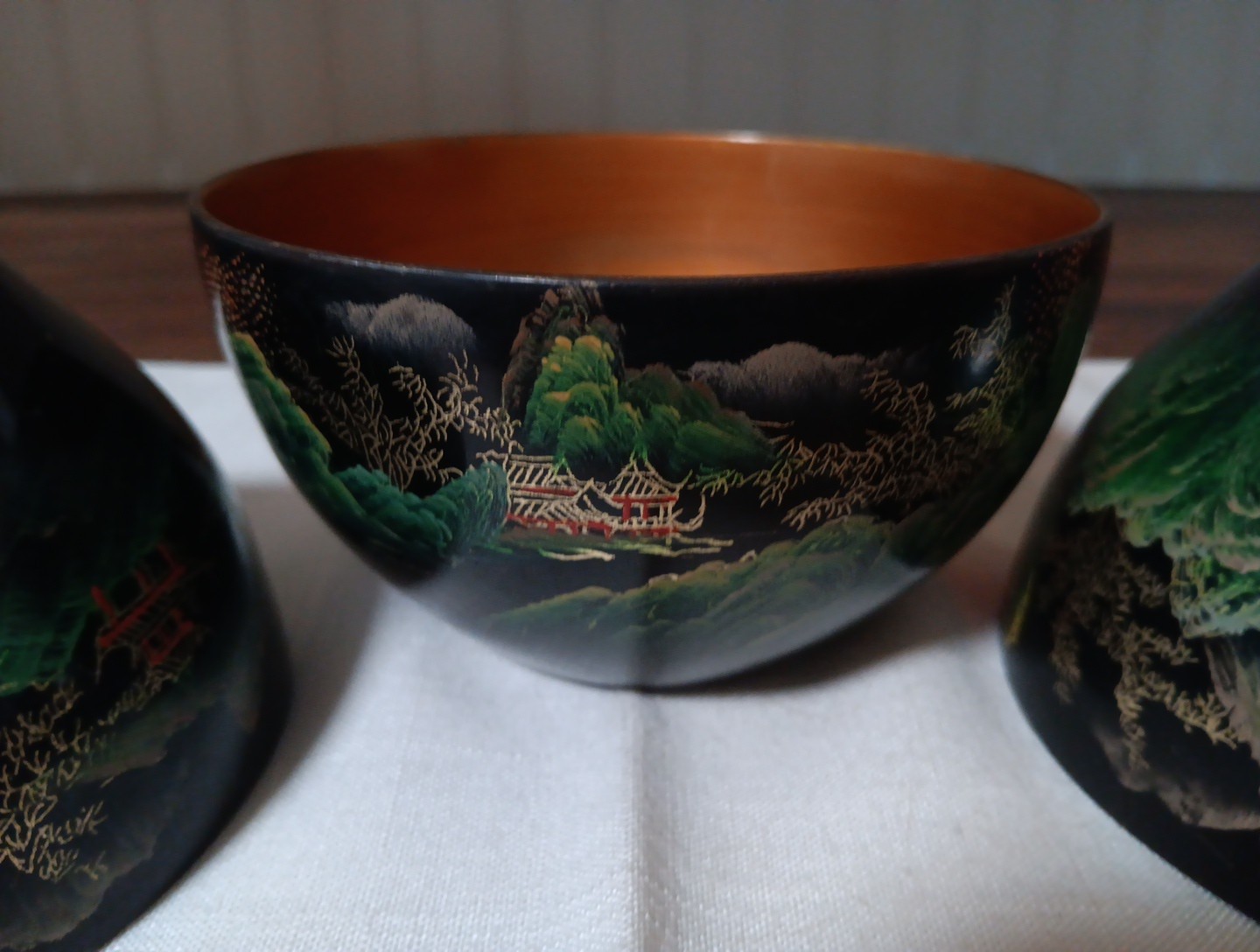 3 Vintage Chinese Laquerware Handpainted Bowls, Gold Color Inside With Koi Fish 3 Vintage Chinese Laquerware Handpainted Bowls, Gold Color Inside With Koi Fish