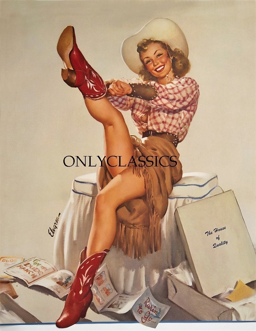 1950\'s Gil Elvgren Fine B&B Rare Pinup Poster Print Rarin\' to Go Cowgirl Cowboy