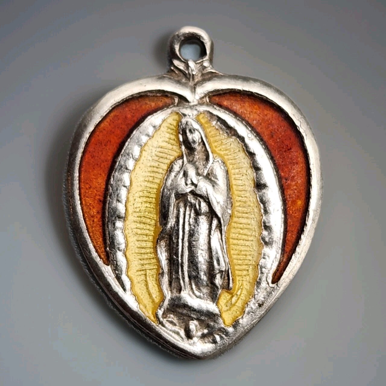 Vtg Miraculous Mary Heart Charm Sterling Orange Yellow Guilloche 925 Silver RARE Vtg Miraculous Mary Heart Charm Sterling Orange Yellow Guilloche 925 Silver RARE