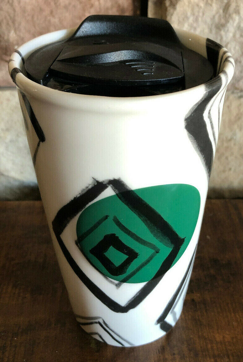 Starbucks 2014 Black Diamond Green Circle 10oz  Ceramic Tumbler w/Lid