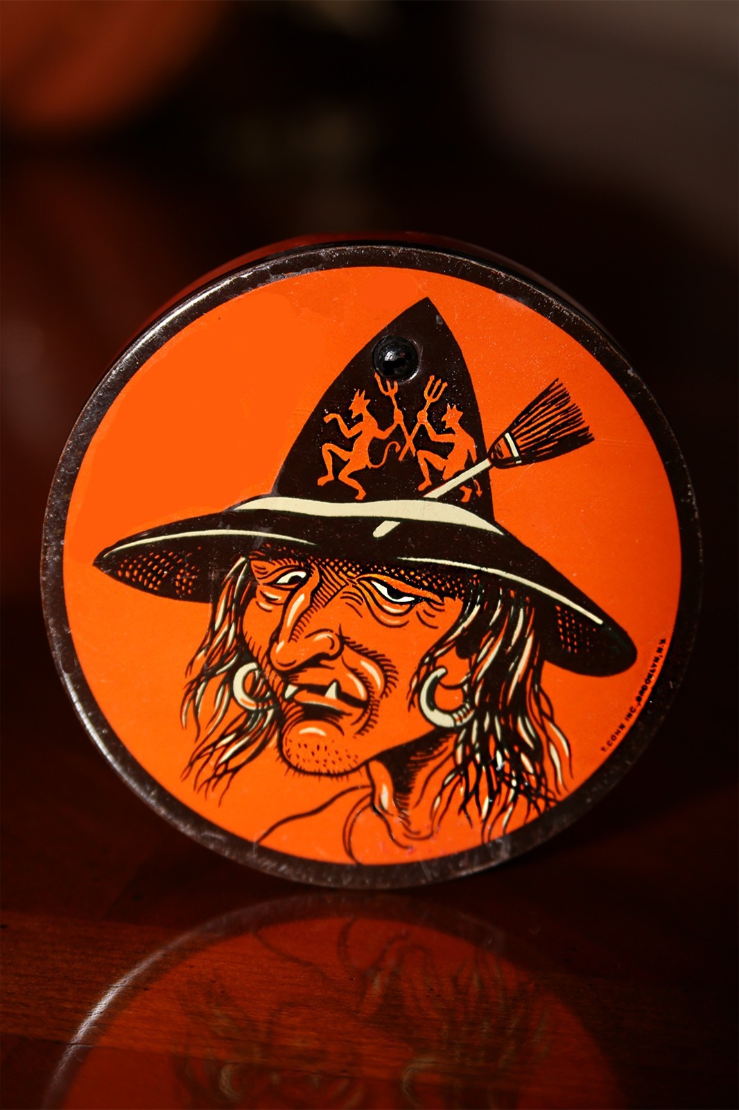 RARE Vintage T. COHN INC. Halloween Tin Ratchet Noise Maker Witch w/ Devil Hat RARE Vintage T. COHN INC. Halloween Tin Ratchet Noise Maker Witch w/ Devil Hat